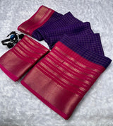 Mysore crepe silksSoft mysore crepe with zari chex pattern and contrast zari lining concept border with contrast crepe blouse Soft n flowy material, very comfortable to wear