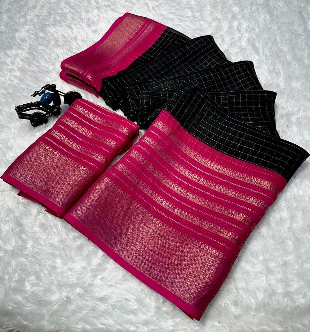 Mysore crepe silksSoft mysore crepe with zari chex pattern and contrast zari lining concept border with contrast crepe blouse Soft n flowy material, very comfortable to wear