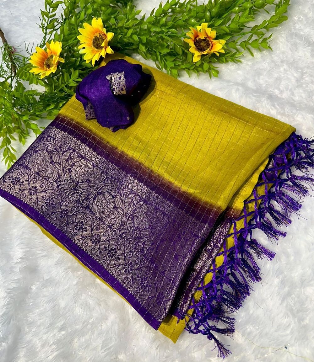 Chex Dola SilksPure Dola silk with zari border and zari chex all overPure and premium dola silk saree with tassels on palluand contrast viscose silk blousenew color combinationsTop quality assured