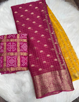 Chinnon crape silk with zari weaving border either side and lining zari pallu as shownWith rich zari weaving butties all over saree with chex weaving in bodyIn 2d shaded colour conceptAnd Bandhini weaving blouse