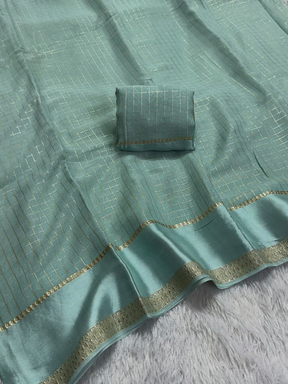 Pure Viscose Georgette saree with lurex thread chex weaving all over Saree With satin borderComes with viscose georgette Blouse