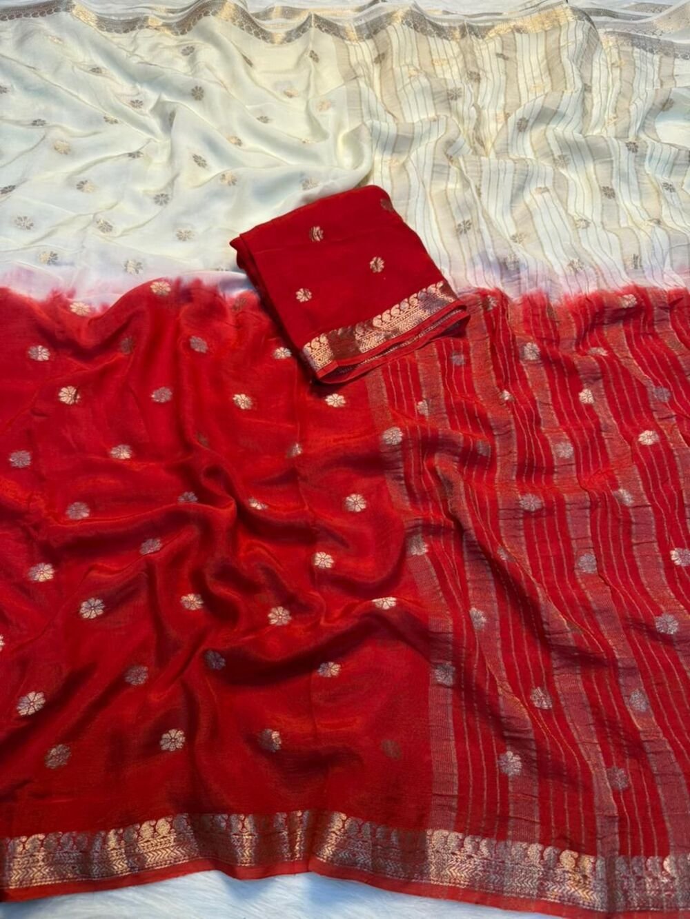 Pure viscose crepe saree with butti weaving in body and lining zari palluWith mango design zari border In shaded color combination Paired with running viscose blouse
