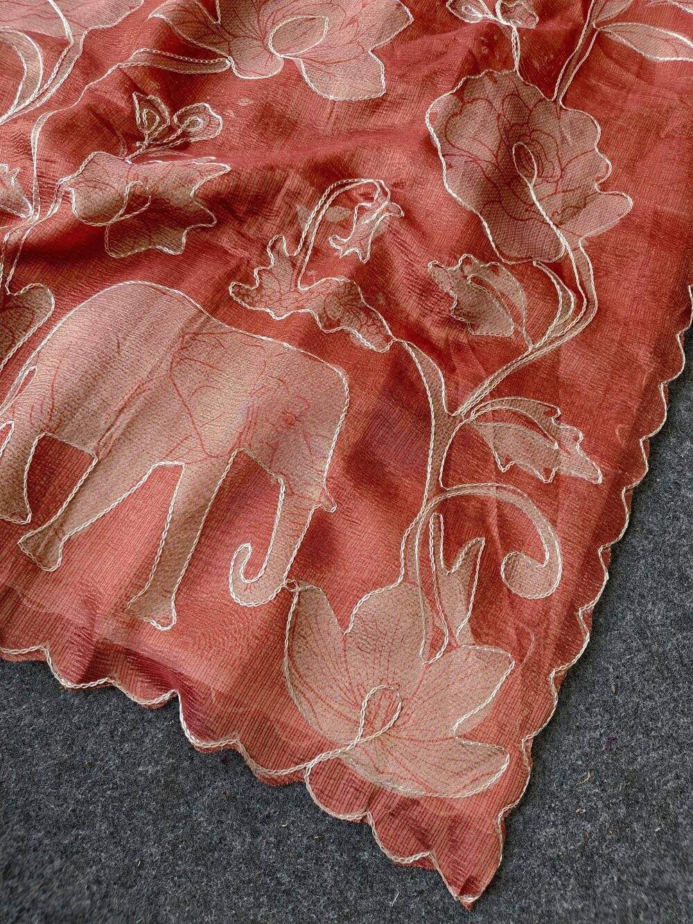 Kota tissues with beautiful Prints all over saree with threadouting embrodiry all over saree. And cutwork borderTeamed with running blouse