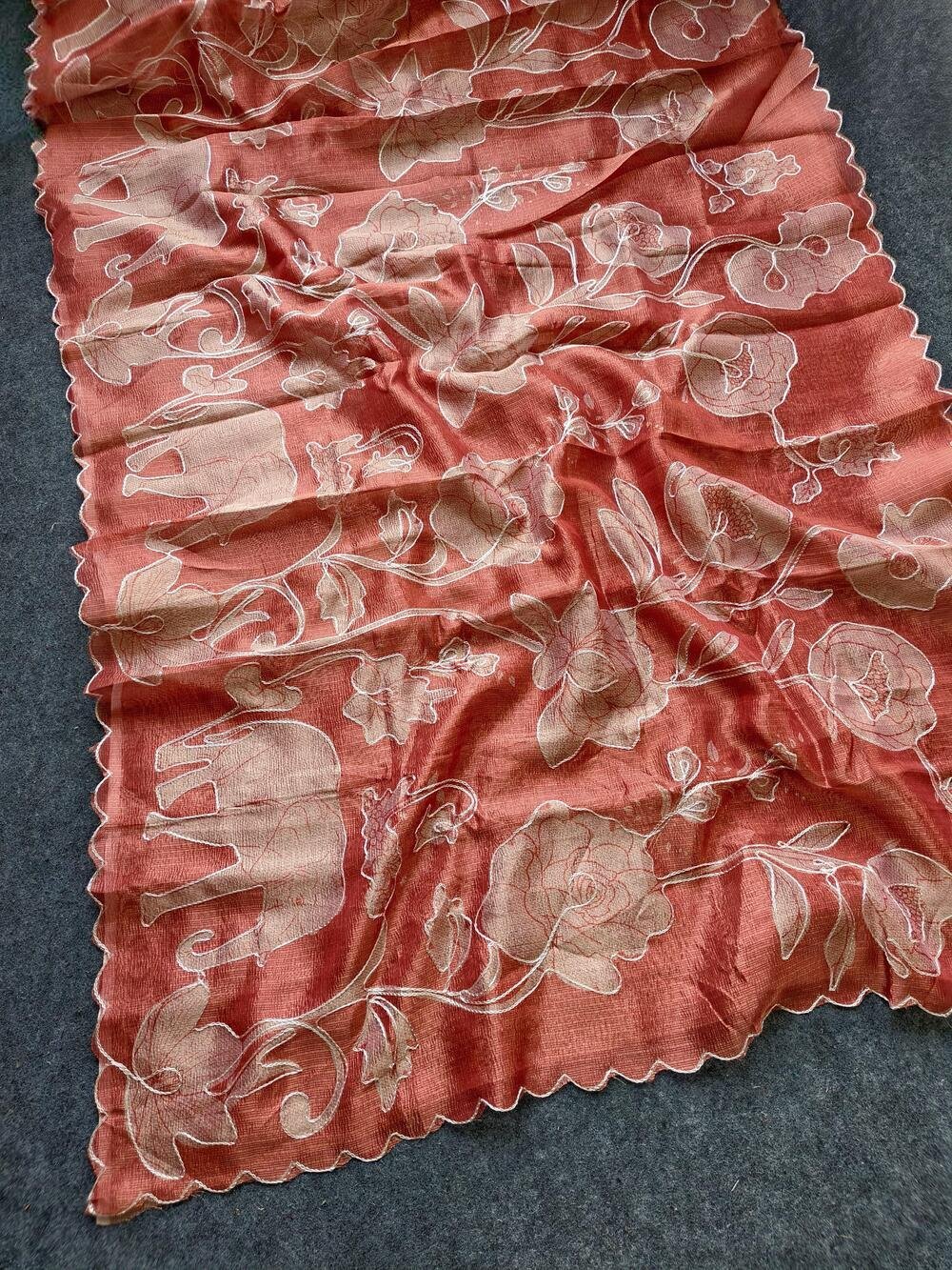 Kota tissues with beautiful Prints all over saree with threadouting embrodiry all over saree. And cutwork borderTeamed with running blouse