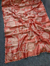 Kota tissues with beautiful Prints all over saree with threadouting embrodiry all over saree. And cutwork borderTeamed with running blouse