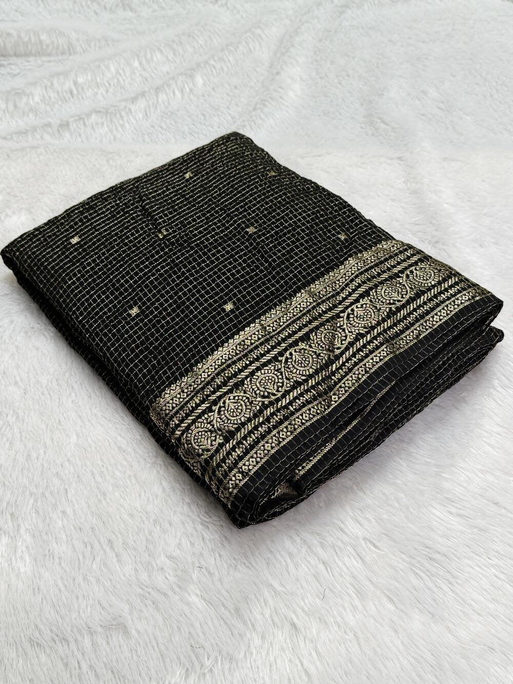 Viscose Russian ChexPure viscose russian chex saree with zari butti all over and zari border both sideswith running Zari lining chitt pallu and viscose jacquard weaving blouse