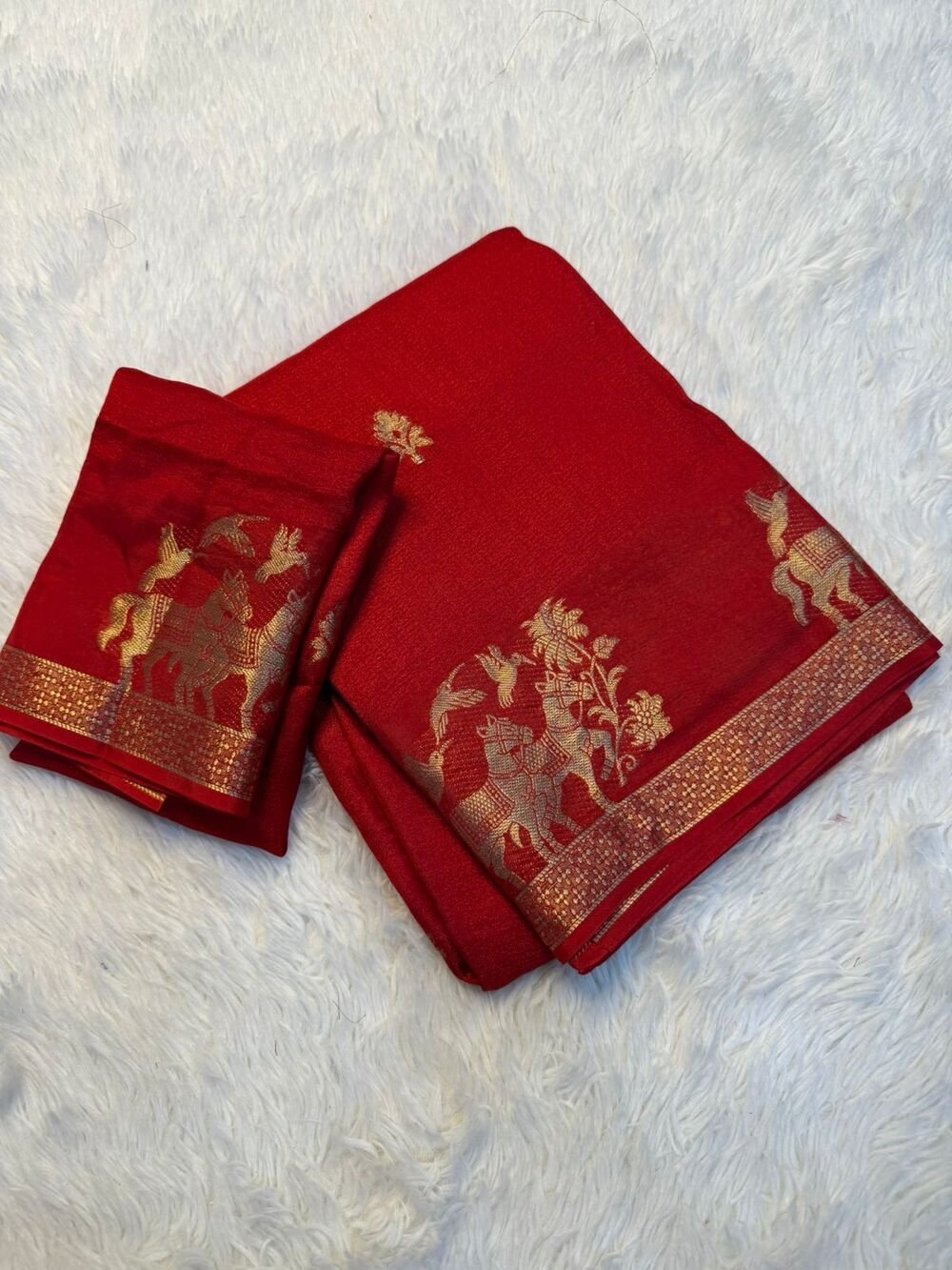 Soft Viscose Khadi silk fabric with zari border both side jacquard horse figure design in panel all over with running blouse Partywear trending saree
