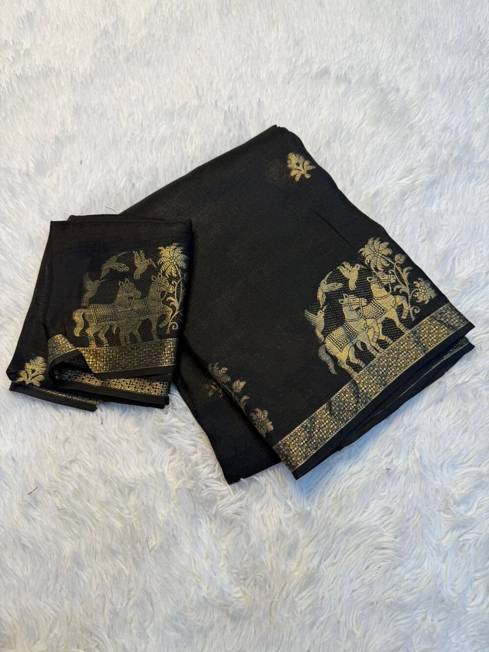 Soft Viscose Khadi silk fabric with zari border both side jacquard horse figure design in panel all over with running blouse Partywear trending saree