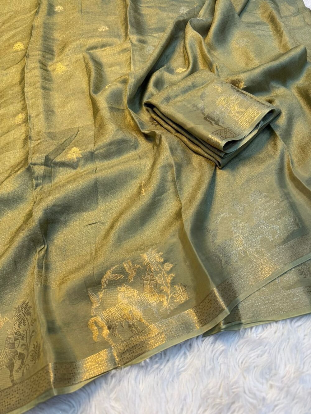 Soft Viscose Khadi silk fabric with zari border both side jacquard horse figure design in panel all over with running blouse Partywear trending saree