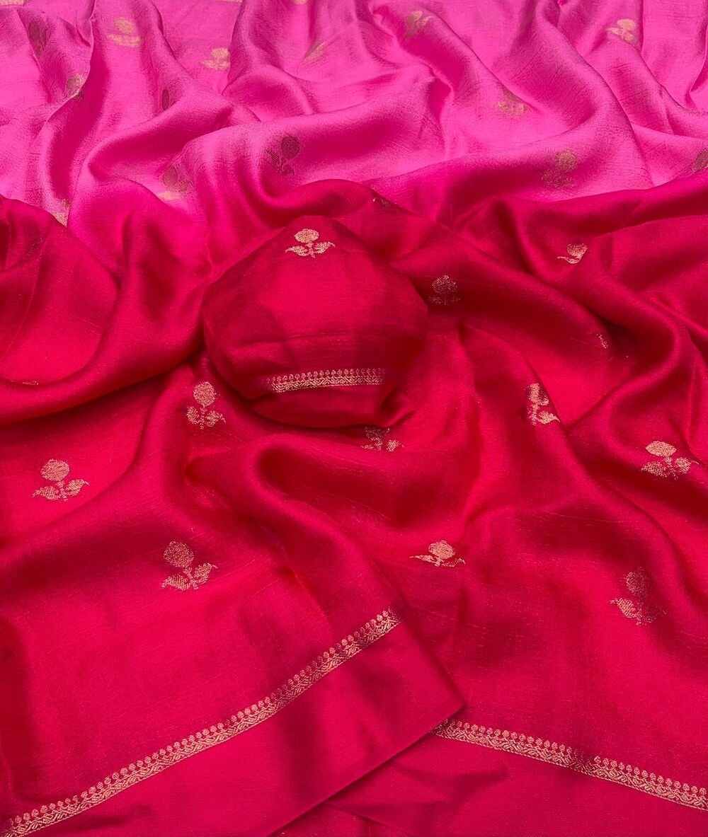 Viscose Khadi Georgette fabric with satin border both side jacquard leaffigure design all over with running blouse Shaded colour combinations Partywear trending saree