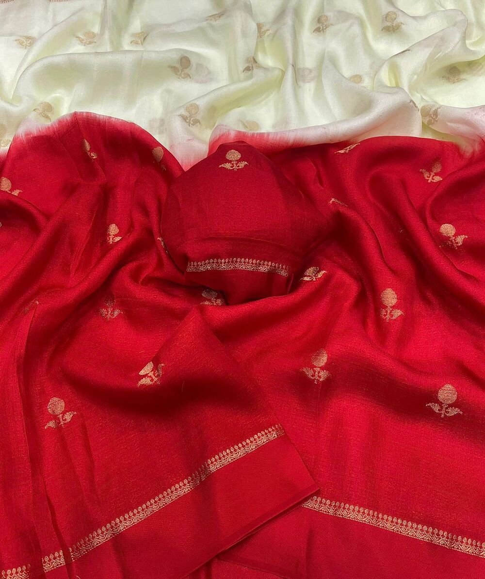 Viscose Khadi Georgette fabric with satin border both side jacquard leaffigure design all over with running blouse Shaded colour combinations Partywear trending saree