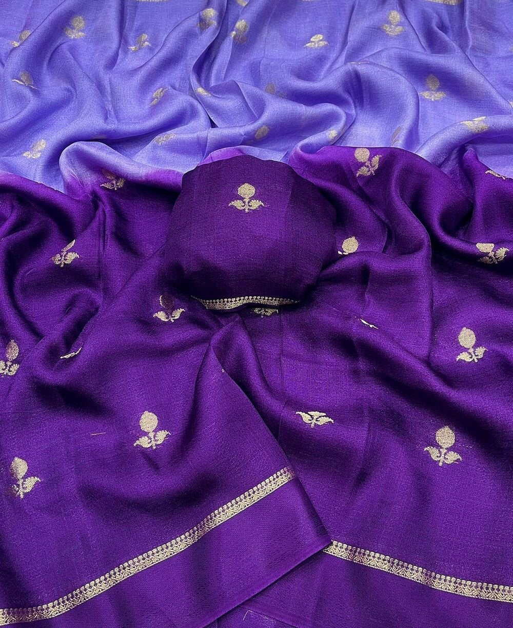 Viscose Khadi Georgette fabric with satin border both side jacquard leaffigure design all over with running blouse Shaded colour combinations Partywear trending saree