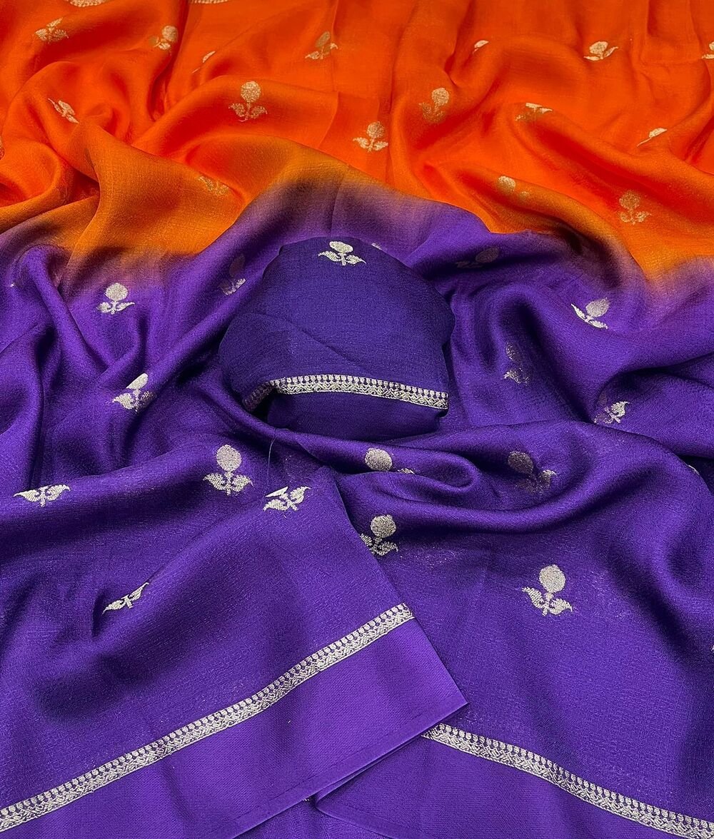 Viscose Khadi Georgette fabric with satin border both side jacquard leaffigure design all over with running blouse Shaded colour combinations Partywear trending saree