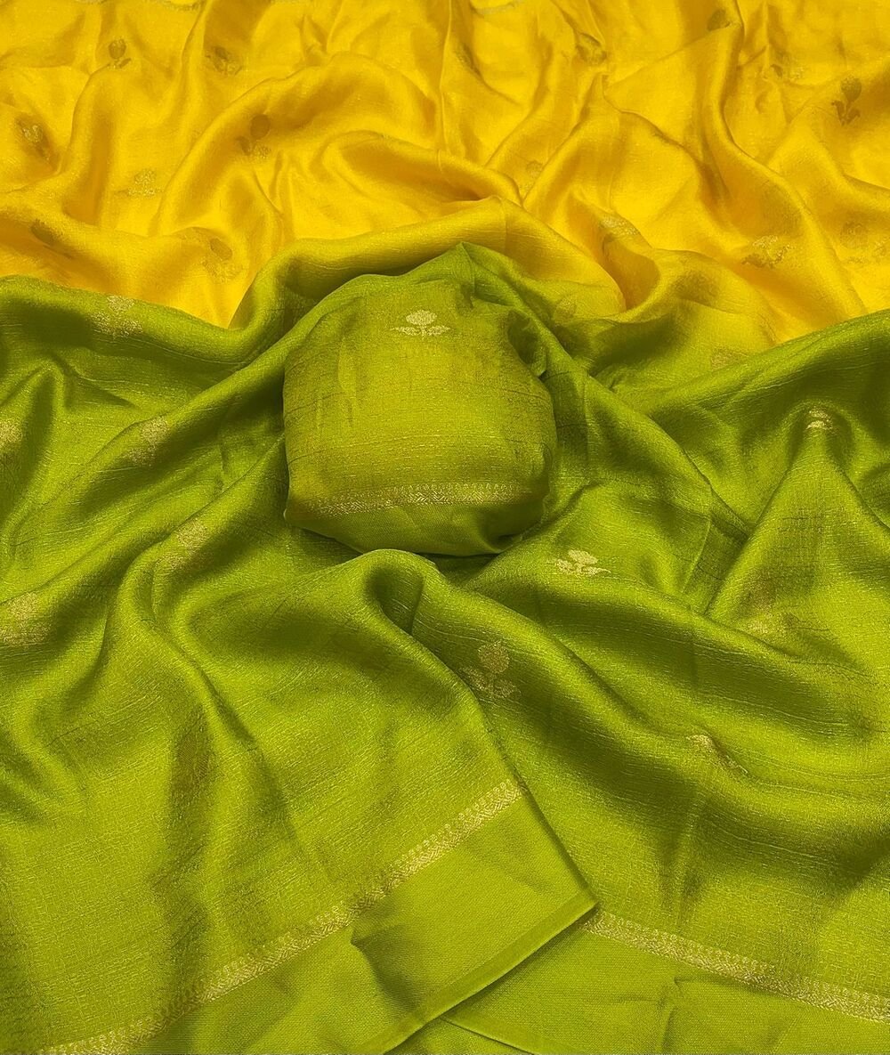 Viscose Khadi Georgette fabric with satin border both side jacquard leaffigure design all over with running blouse Shaded colour combinations Partywear trending saree