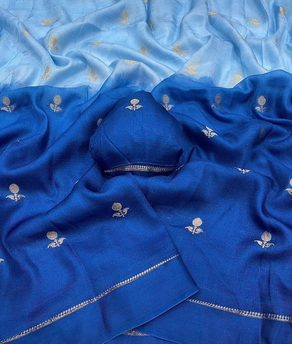 Viscose Khadi Georgette fabric with satin border both side jacquard leaffigure design all over with running blouse Shaded colour combinations Partywear trending saree