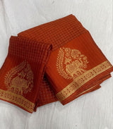 viscose chinon saree with zari chex weaving all over and elephant motif weaving in panel with running pallu and viscose chinon weaving running blouse