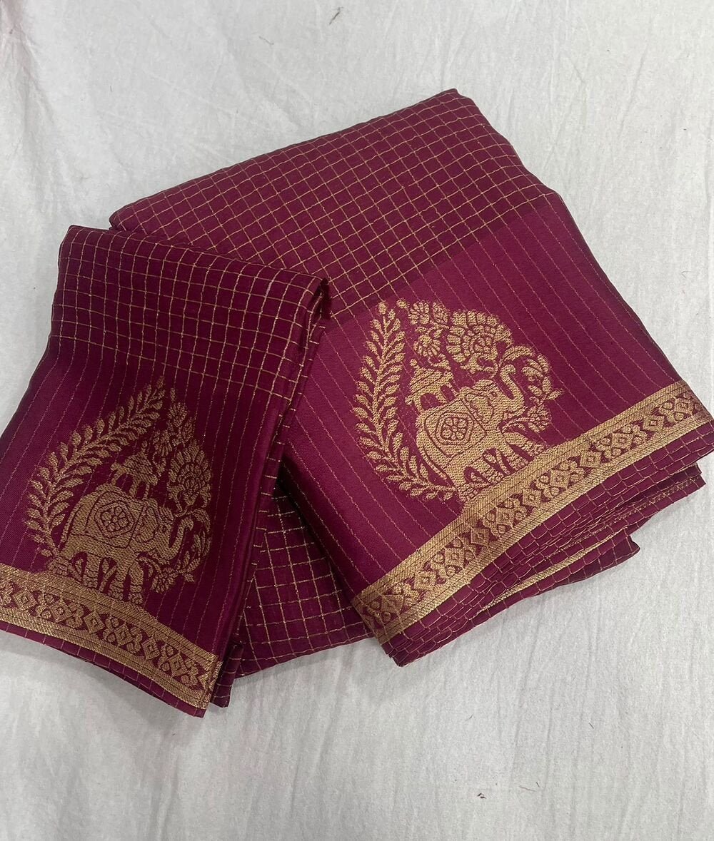 viscose chinon saree with zari chex weaving all over and elephant motif weaving in panel with running pallu and viscose chinon weaving running blouse