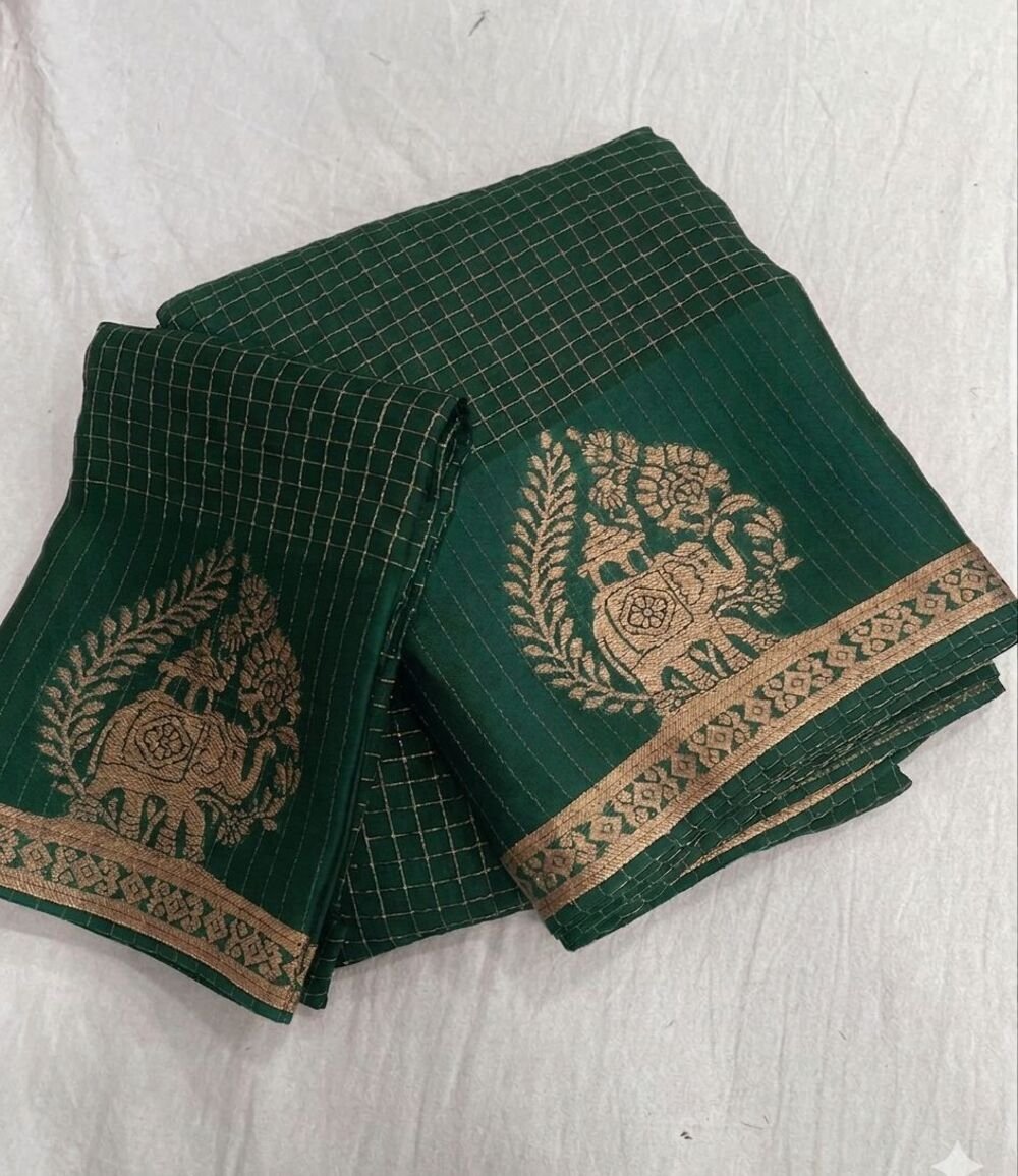 viscose chinon saree with zari chex weaving all over and elephant motif weaving in panel with running pallu and viscose chinon weaving running blouse