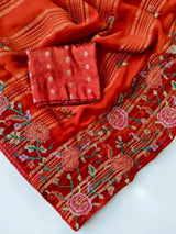 Soft chiffon saree withfancy weaving patta all with 6 needlepetite point workwith all over buttis on sareeTeamed with 1 mtr viscose diable blouse peice with weaving buttis