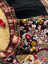 mangalagiri viscose cotton silk printed sarees with kalamkari printed border and rich pallu👗 It comes with small woven borders👗Pairs with kalamkari printed blouse with border