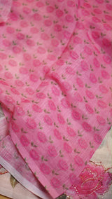 Linen saree with madhubani floral prints