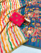 Trendy rainbow linen*Quality - Soft Linen cotton Saree With small zari border and beautiful rainbow colour lining printBlouse - Running Linen cotton with designer print