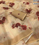 New Soft Linen Floral Digital Printed Saree With Embroidery Work Zari Outing & Foil Mirror Work With Tussle On Pallu Blouse - Digital Printed Blouse weight 520 Grams
