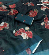 New Soft Linen Floral Digital Printed Saree With Embroidery Work Zari Outing & Foil Mirror Work With Tussle On Pallu Blouse - Digital Printed Blouse weight 520 Grams