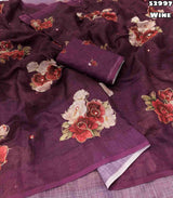 New Soft Linen Floral Digital Printed Saree With Embroidery Work Zari Outing & Foil Mirror Work With Tussle On Pallu Blouse - Digital Printed Blouse weight 520 Grams