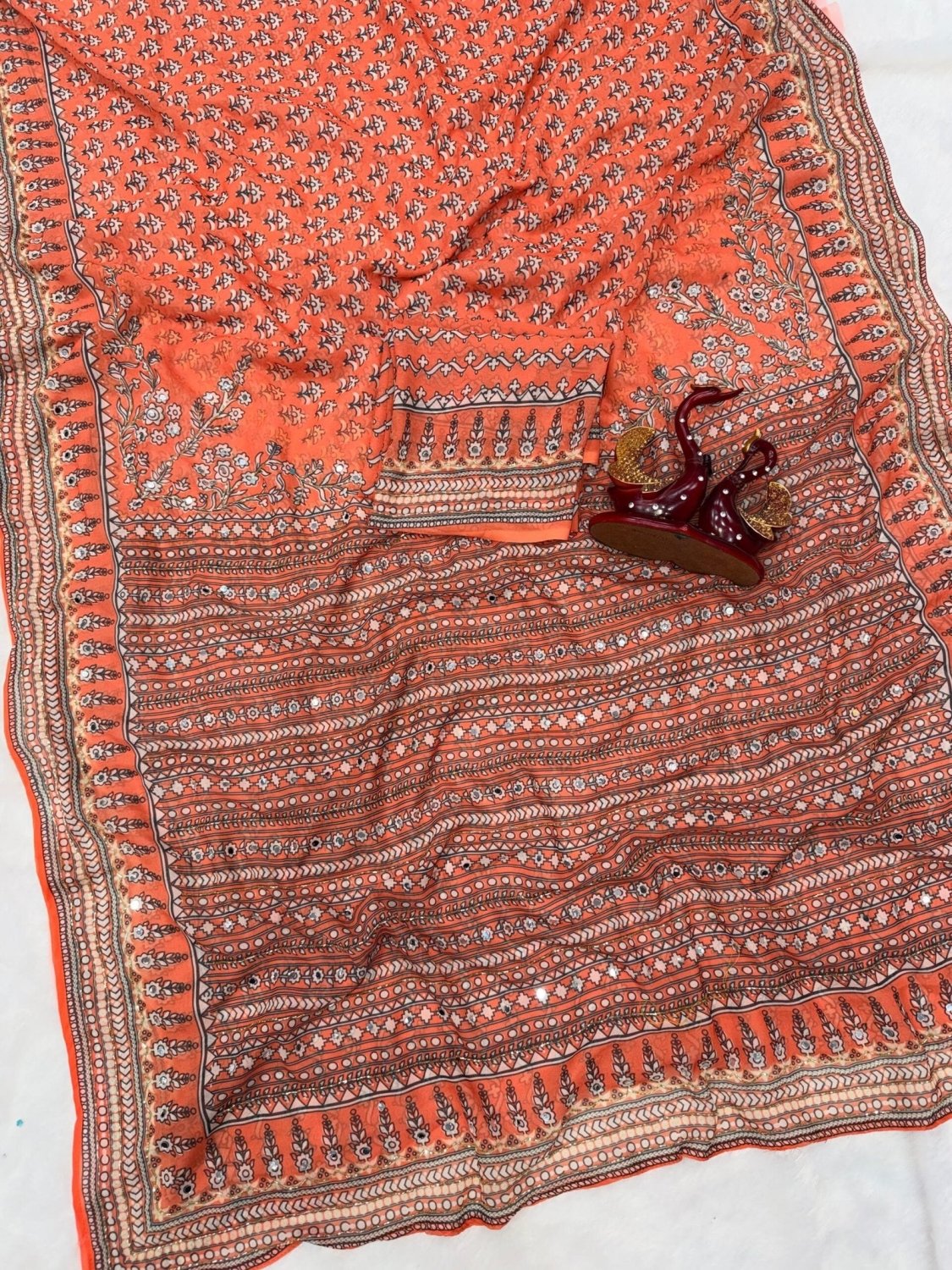 Soft Fox Georgette*WORK :*Beautiful katdana and real mirror work *BLOUSE*- Fox georgette with real mirror and hand work