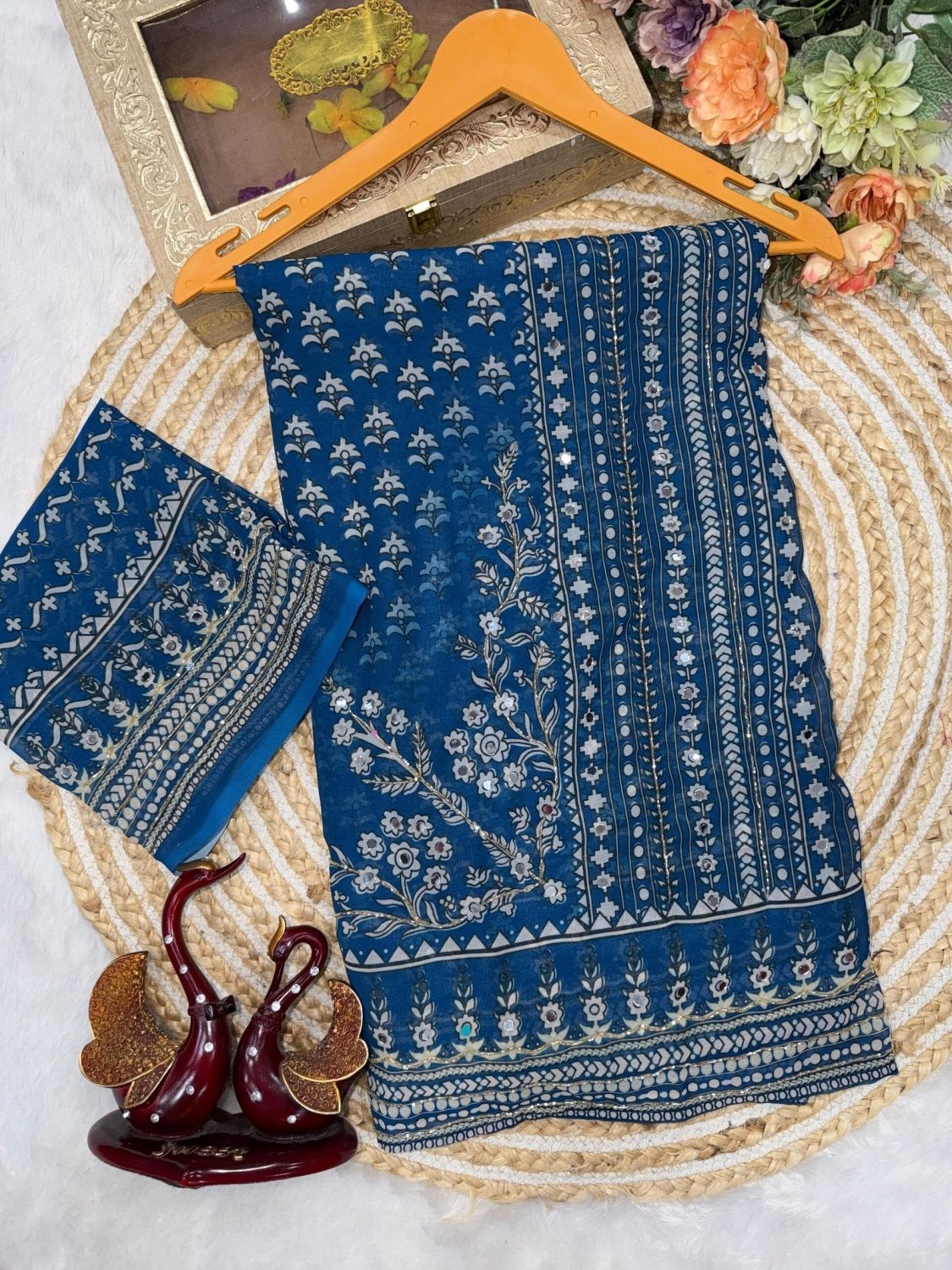 Soft Fox Georgette*WORK :*Beautiful katdana and real mirror work *BLOUSE*- Fox georgette with real mirror and hand work