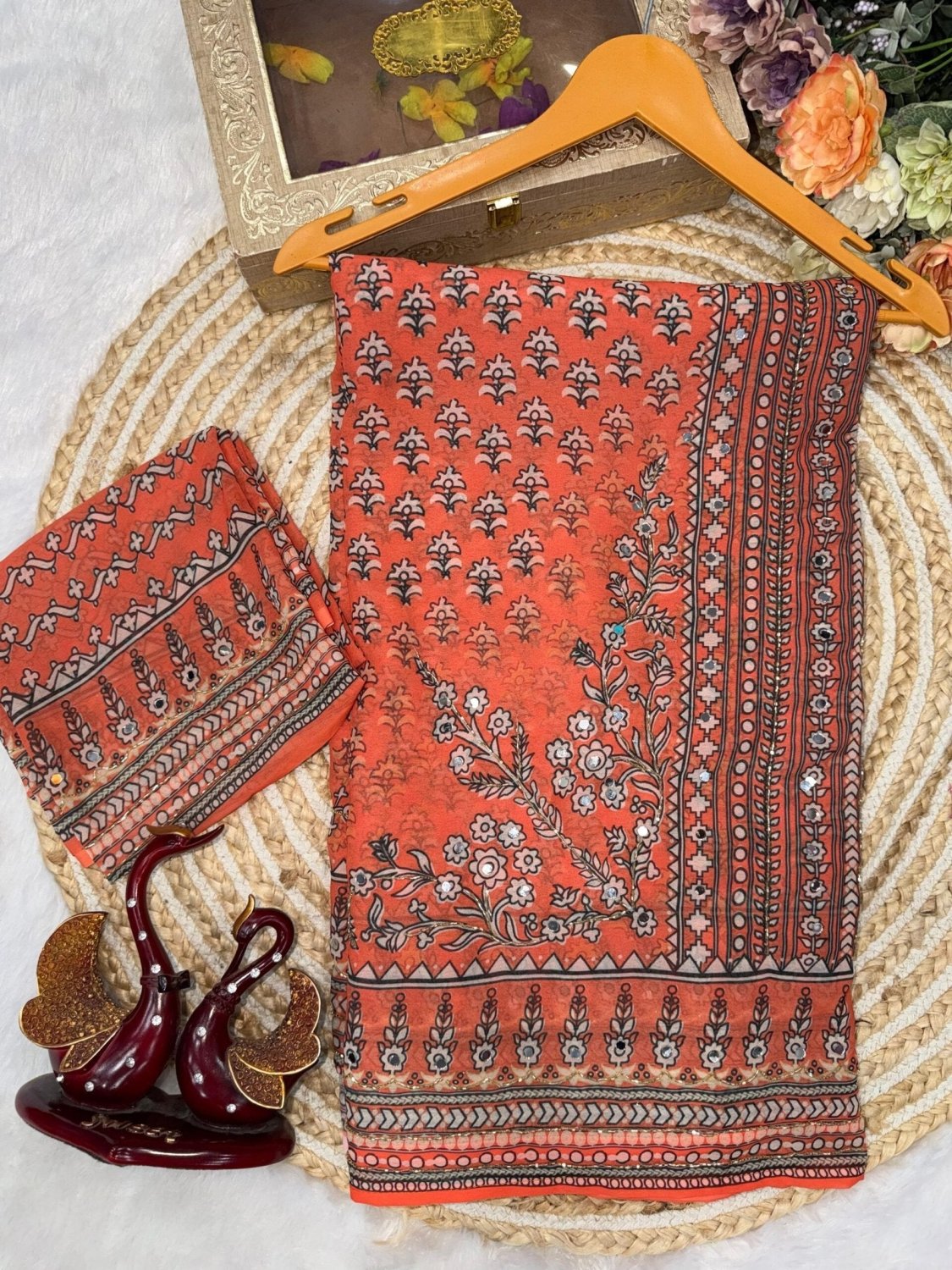 Soft Fox Georgette*WORK :*Beautiful katdana and real mirror work *BLOUSE*- Fox georgette with real mirror and hand work