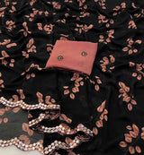 Soft weightless chiffon floral print with embroidery & foil mirror work with scalloped cutwork border Blouse -  Contrast embroidery & sequence work blouse
