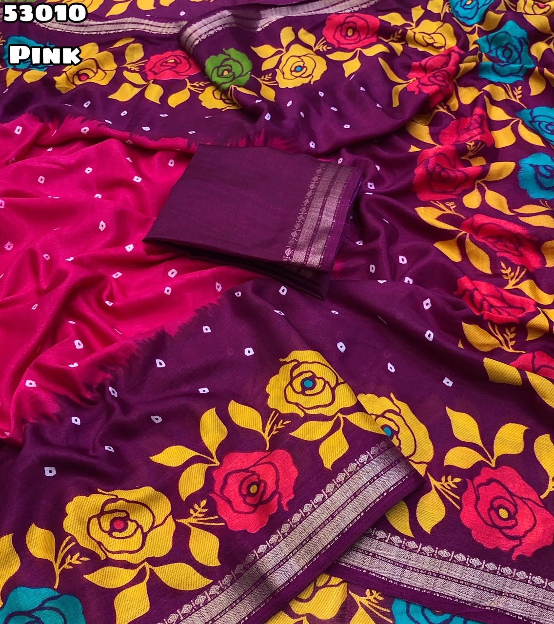 Fabric - Soft Dola Silk Bandhni Printed Saree With Jacquard Weaving Border Blouse - Printed Blouse