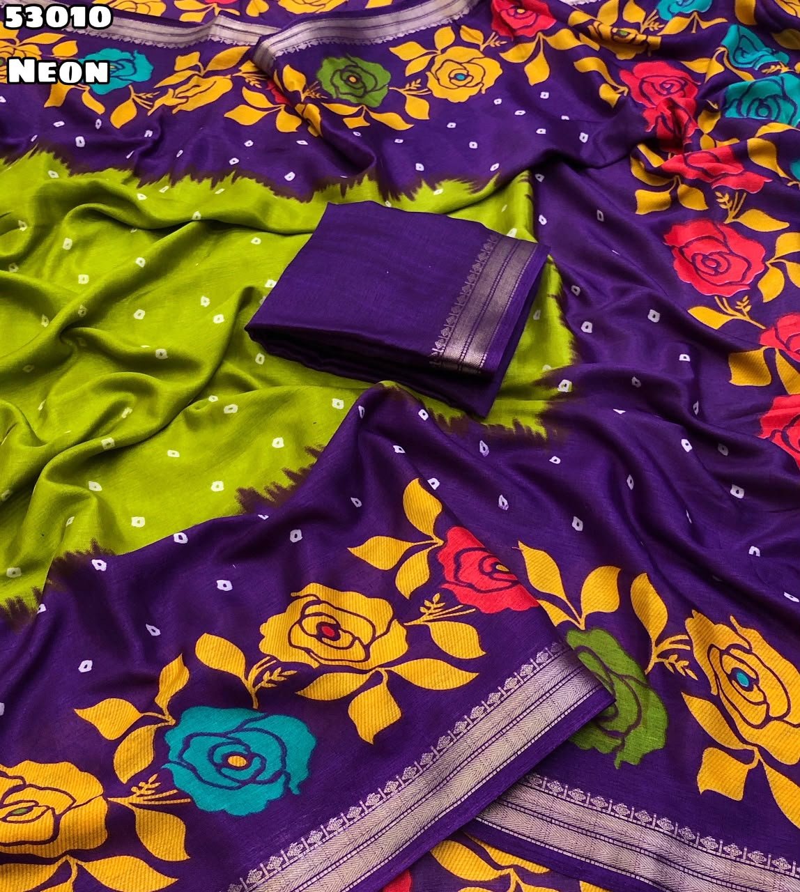 Fabric - Soft Dola Silk Bandhni Printed Saree With Jacquard Weaving Border Blouse - Printed Blouse