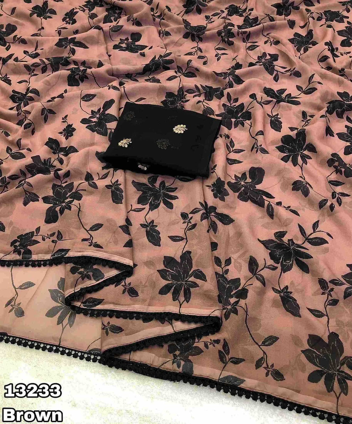 Fabric - Soft Weightless Chiffon Floral Printed Saree With Beautiful Fancy Lace Border Blouse - Embroidery & Sequence Work Blouse Saree cut - 5.5 meter  Blouse cut - 0.8 meter Available in Single Colour  Weight - 580 Grams