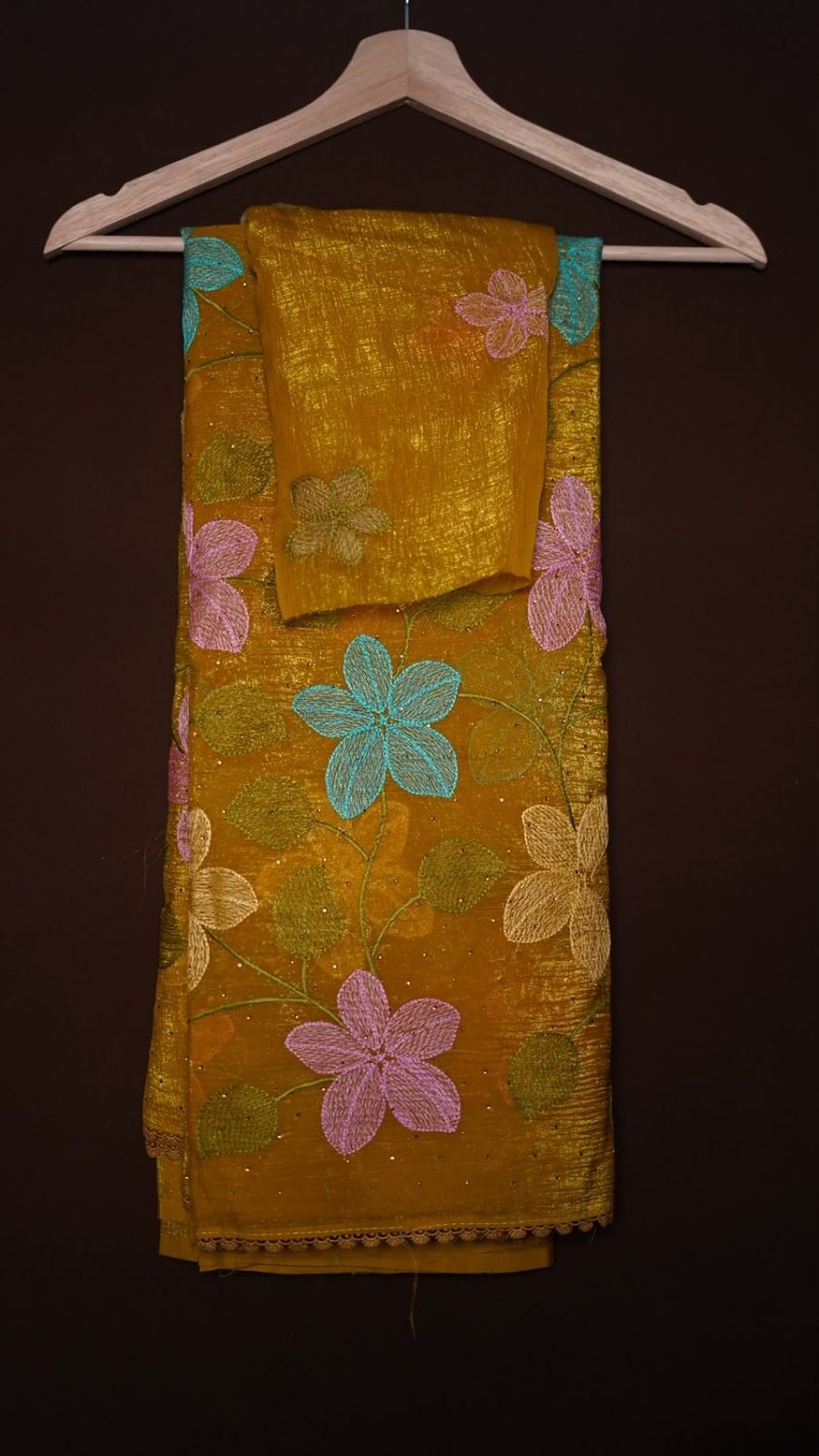 Soft crunchy crush saree with multi colour flower jaal embroidery work and stone work patternWith matching lace border attachedBlouse - matching colour embroidery work blouse1499/-