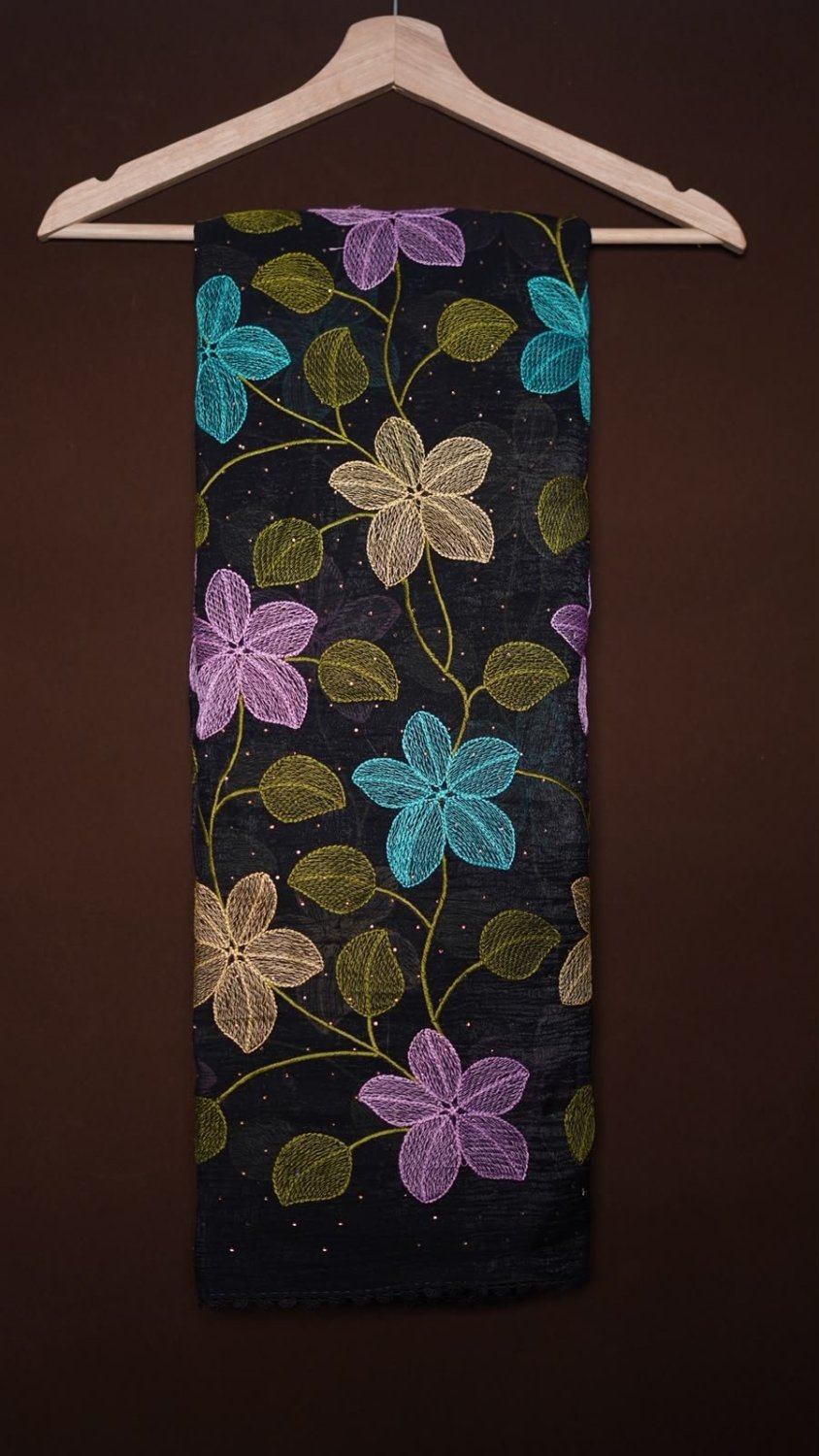 Soft crunchy crush saree with multi colour flower jaal embroidery work and stone work patternWith matching lace border attachedBlouse - matching colour embroidery work blouse1499/-