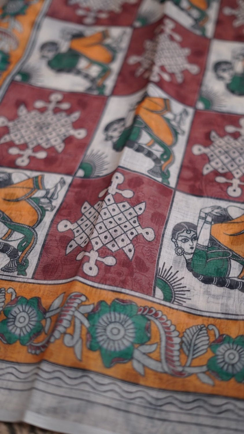 Linen Dream Quality - Soft Linen Digital Saree With Cotton Tassles.Blouse - Running Printed Blouse.Full length 6.30 meters.