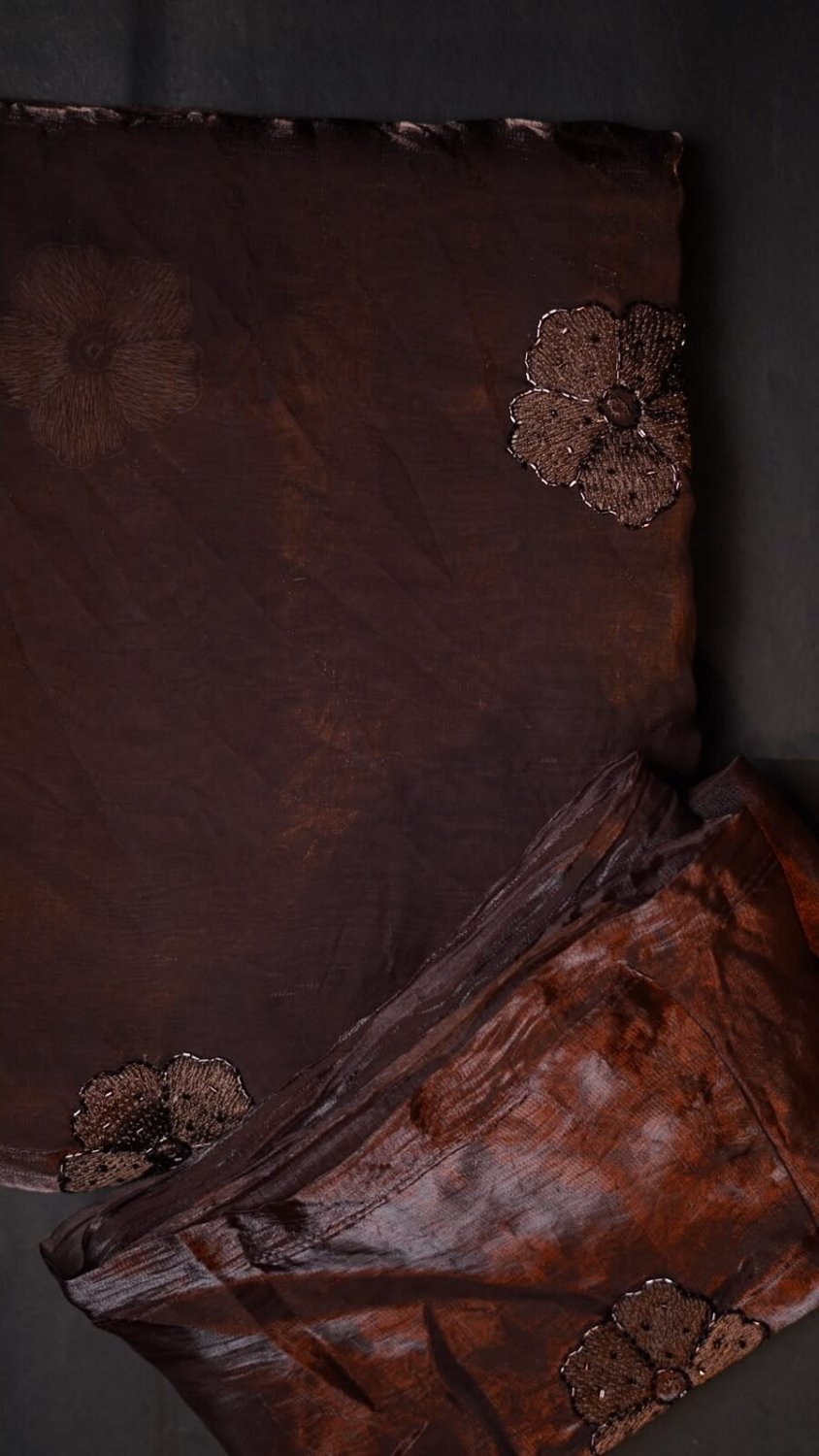 Space fendy silk fabric with beads work and viscose thread embroidered butta all over in saree with running blouseMost demanding dark mocha coffee color saree with Attractive work