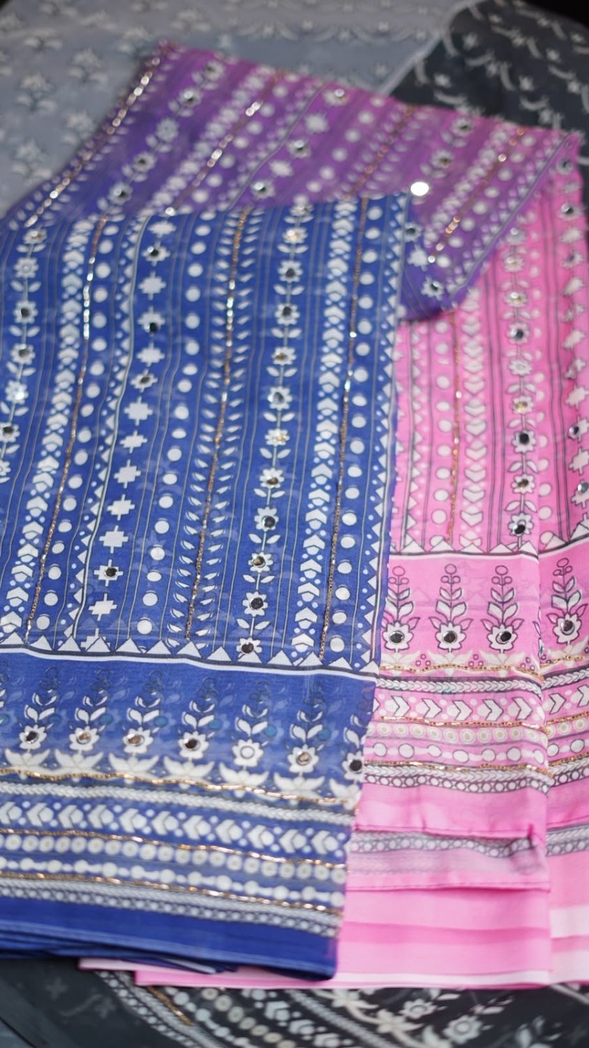 Soft Fox Georgette with Beautiful katdana and real mirror work BLOUSE*- Fox georgette with real mirror and hand work
