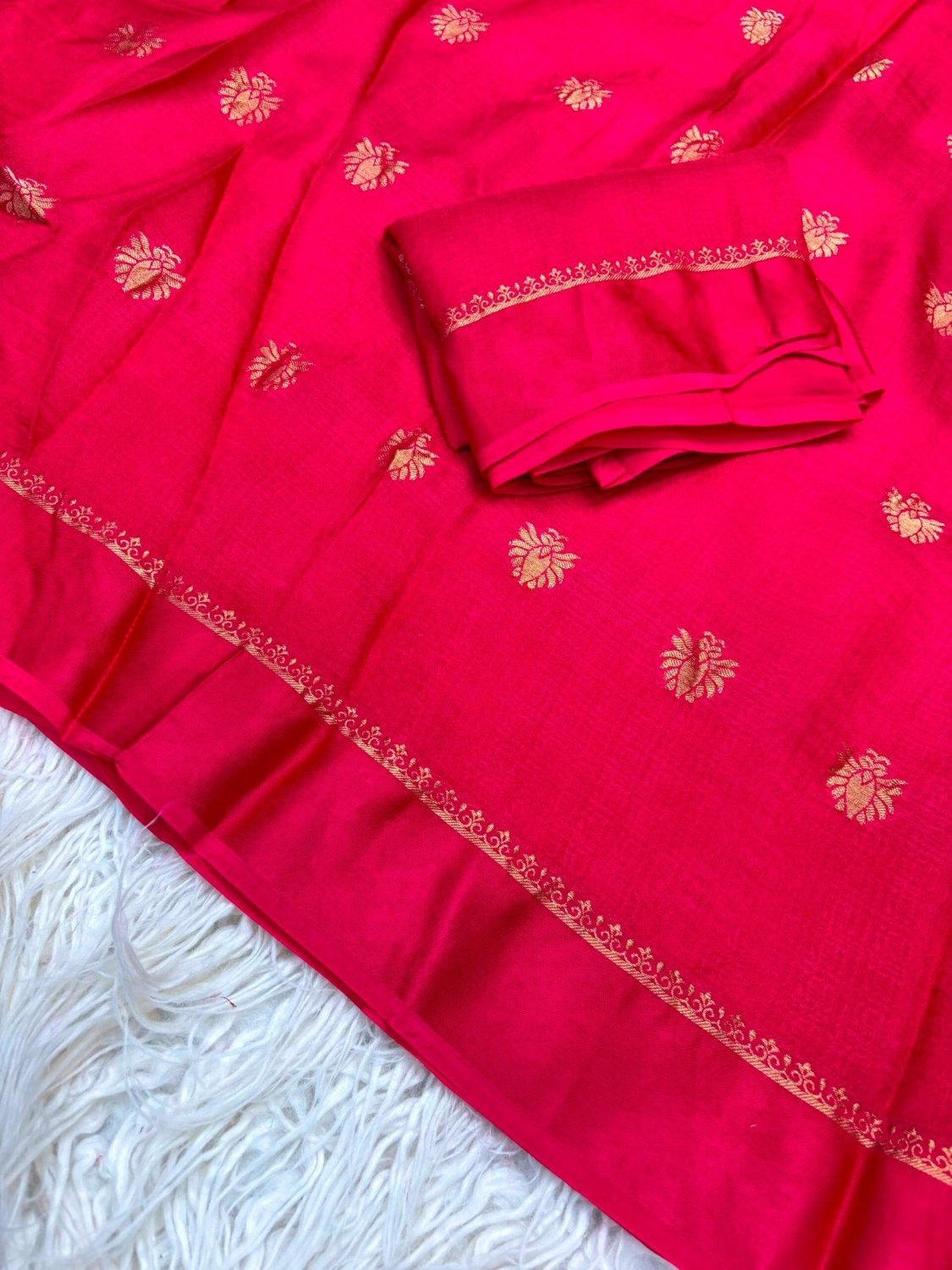 Soft Viscose Khadi silk fabric with satin border both side and jacquard flower design all over with running blouse