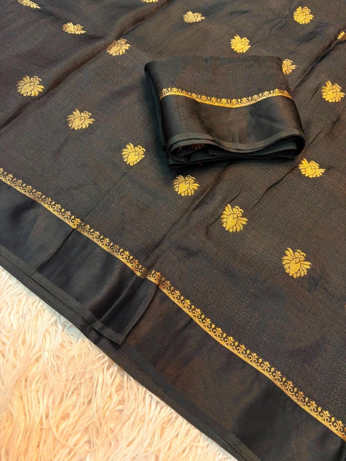 Soft Viscose Khadi silk fabric with satin border both side and jacquard flower design all over with running blouse