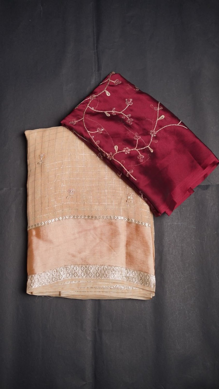 viscose Georgette with all over cheks coming with butti work n sequence work Blouse :-rangoli silk with zari sequence work in all over blouse