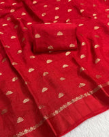 Soft Viscose Khadi silk fabric with satin border both side jacquard small butti weaving design all over with running blouse.. Partywear trending saree..
