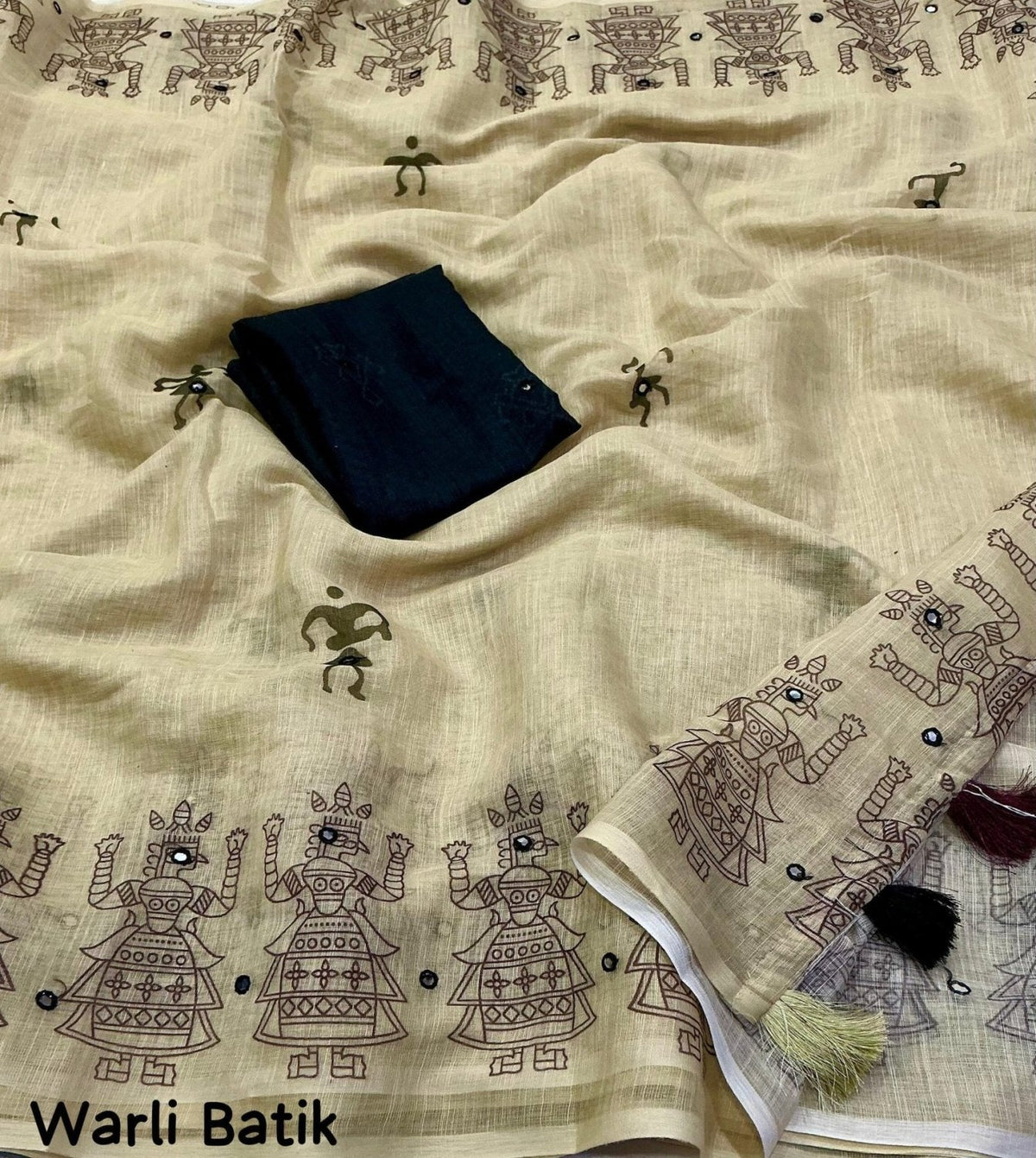Quality - Soft Linen Saree With Aari Mirror Work Beige color.Cotton Tassles on pallu.Blouse - Running Linen Mirror Work on Prints.Full length 6.30 meters.
