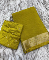 Pure viscose Chinon silk saree with lurex zari in body and jacquard weave borderwith matching viscose zari butti blouse Saree with perfect width and color quality