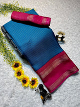 Mysore crepe silksSoft mysore crepe with zari chex pattern and contrast bentex border concept with contrast crepe blouse Soft n flowy material, very comfortable to wear