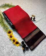Mysore crepe silksSoft mysore crepe with zari chex pattern and contrast bentex border concept with contrast crepe blouse Soft n flowy material, very comfortable to wear