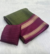 Mysore crepe silksSoft mysore crepe with zari chex pattern and contrast bentex border concept with contrast crepe blouse Soft n flowy material, very comfortable to wear